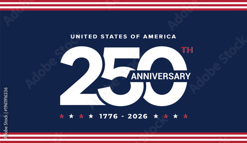 United states of america 250th anniversary logo with red white and blue stars and stripes on navy blue background