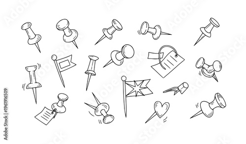 A collection of push pins and thumbtacks with various uses and symbols