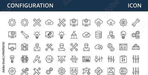 Configuration and settings outline icon set featuring system controls tools sliders cloud database user interface editable minimal vector collection