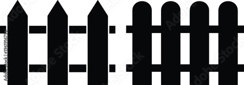 Two fence silhouettes side by side, vector illustration of picket and rounded wooden fencing designs, flat vector illustration