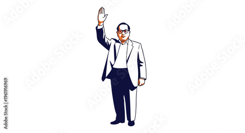 Illustration of Dr. B.R. Ambedkar waving his hand in celebration of Ambedkar Jayanti with a formal suit and a determined expression against a clean white background.