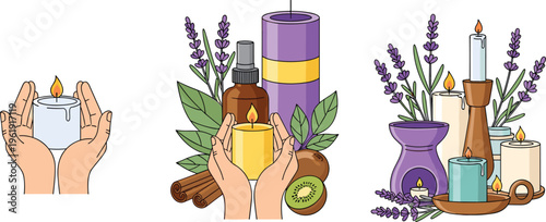Aromatherapy and spa set with candles, lavender, essential oils and wellness elements for relaxation and self care vector illustration collection