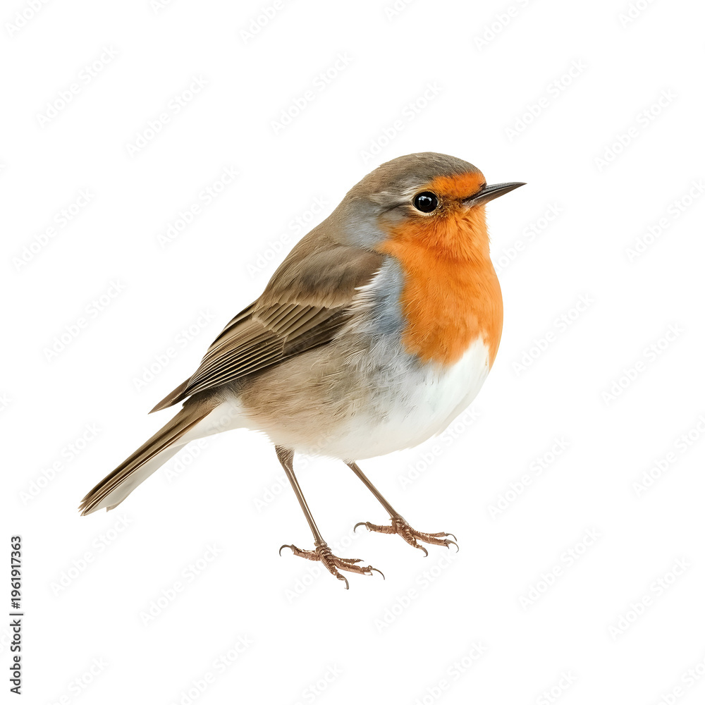 Fototapeta premium European robin stands against a white background in a stock illustration