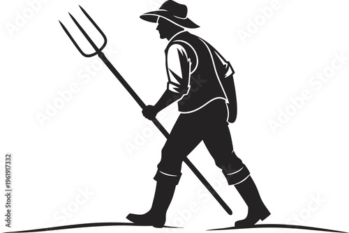 Farmer with Pitchfork Silhouette Vector - Organic Agriculture and Farming Icon