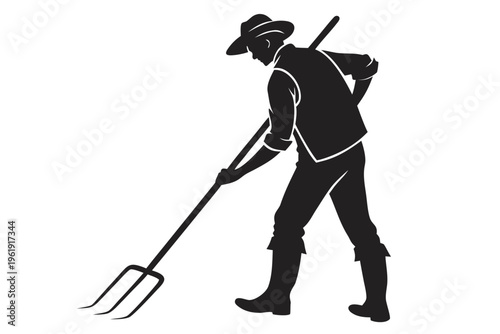 Farmer with Pitchfork Silhouette Vector - Organic Agriculture and Farming Icon