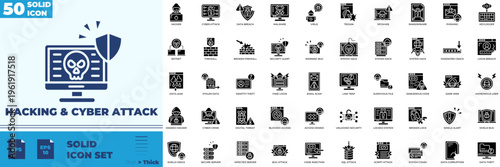 Hacking And Cyber Attack Solid Editable Icons set