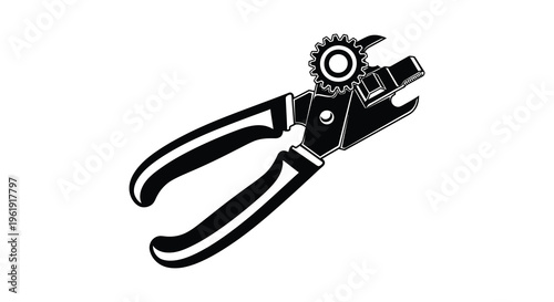 Black and white illustration of a gear and plier tool silhouette