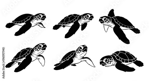 Six Sea Turtles Swimming Underwater, Black and White Illustration