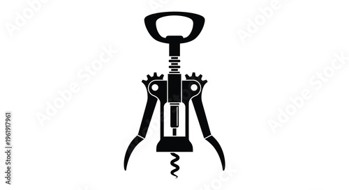 A black silhouette of a classic wine opener with a worm silhouette