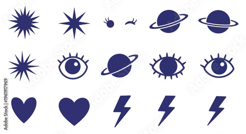 Dark blue cosmic icons featuring planets stars eyes and lightning