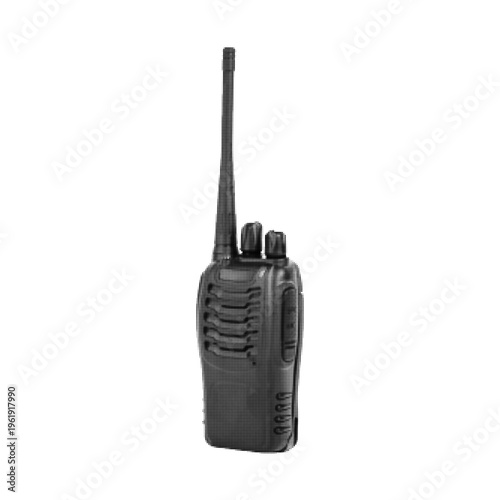 Minimal monochrome halftone illustration of walkie talkie radio, portable communication device with antenna isolated on light background.