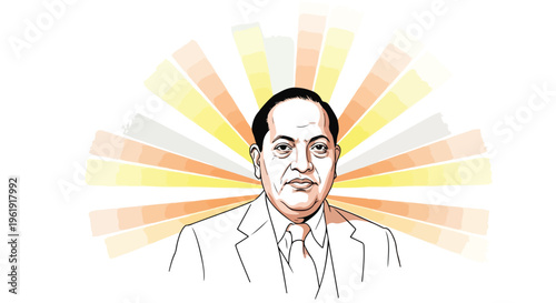 Illustration of Dr. B.R. Ambedkar on Ambedkar Jayanti with a vibrant sunburst background, symbolizing his contributions to social justice and equality.