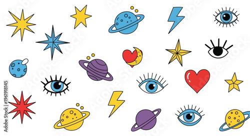 Colorful cartoon illustration of celestial bodies eyes and lightning bolts