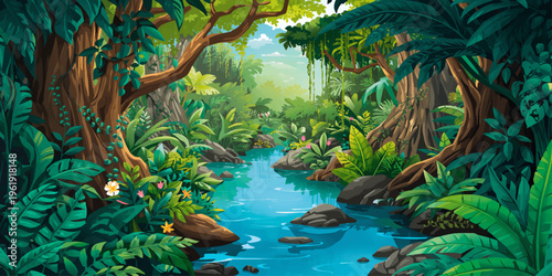 Lush Tropical Jungle River with Dense Green Foliage and Sunlight Illustration