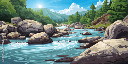 Mountain River Landscape with Rocks and Clear Flowing Water in Lush Green Forest Illustration