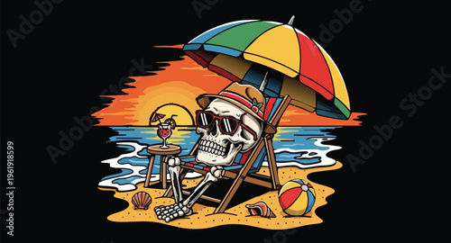 Colorful skeleton relaxing on beach under umbrella at sunset
