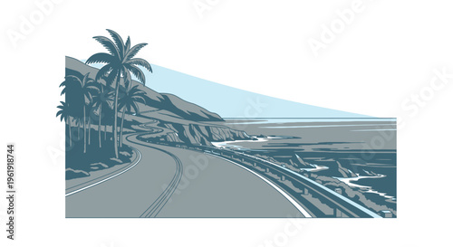 a road with palm trees next to train tracks.
