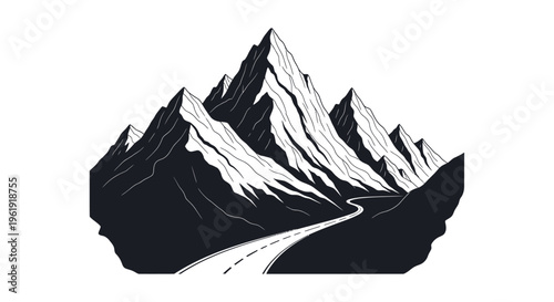Mountain range landscape with winding road.