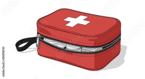 A red first aid kit box.