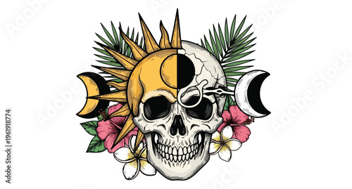 Skull with Sun and Moon Motif Surrounded by Tropical Flowers