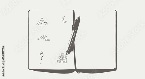 a notebook with a pen and various symbols.