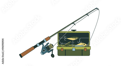Fishing rod and tackle box illustration.