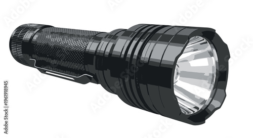 Black flashlight with ridged body.
