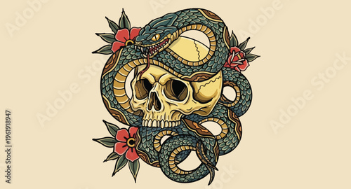 Vintage tattoo design of skull entwined with snake and flowers
