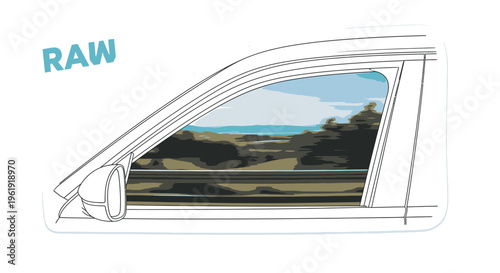 car window view of countryside landscape.