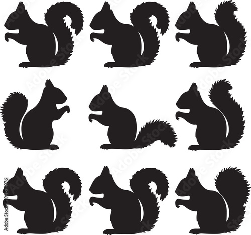 A collection of nine black squirrel silhouettes arranged in three rows on a white background showcasing various poses and tail positions