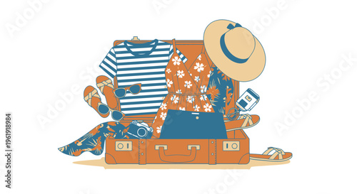 A suitcase packed with summer clothes.