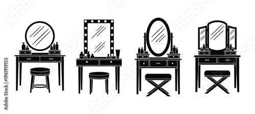 Four vanity tables with mirrors and stools vector silhouette.