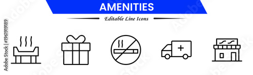 Amenities icons depicting facilities, services, comfort, convenience, hospitality, utilities, features, accommodation, leisure, accessibility, essentials, infrastructure, support, and modern living.