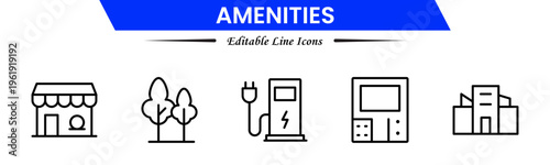 Amenities icons depicting facilities, services, comfort, convenience, hospitality, utilities, features, accommodation, leisure, accessibility, essentials, infrastructure, support, and modern living.