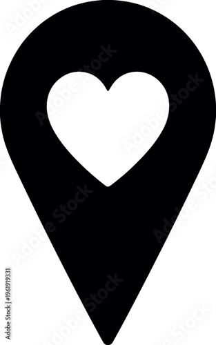 Black map pin icon with heart shape cutout symbol  love location marker