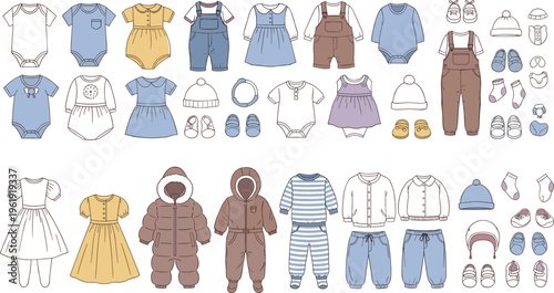 Baby clothes collection with bodysuits, dresses, overalls, hats and accessories for newborn wardrobe flat vector illustration set