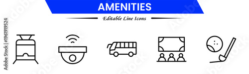 Amenities icons depicting facilities, services, comfort, convenience, hospitality, utilities, features, accommodation, leisure, accessibility, essentials, infrastructure, support, and modern living.