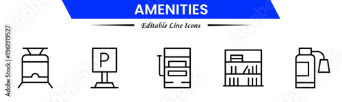 Amenities icons depicting facilities, services, comfort, convenience, hospitality, utilities, features, accommodation, leisure, accessibility, essentials, infrastructure, support, and modern living.