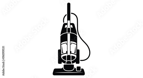 A black silhouette of a classic upright vacuum cleaner