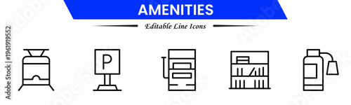 Amenities icons depicting facilities, services, comfort, convenience, hospitality, utilities, features, accommodation, leisure, accessibility, essentials, infrastructure, support, and modern living.