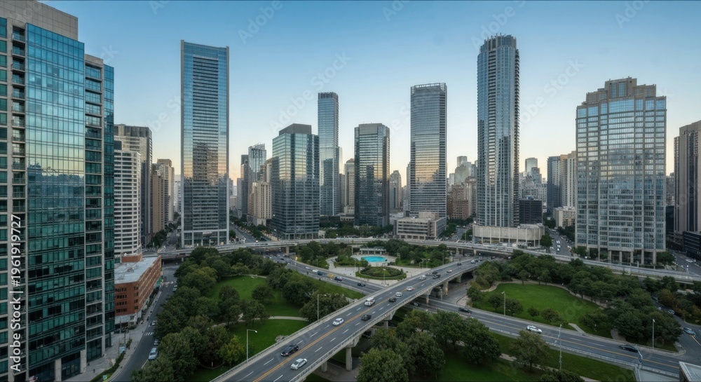 Obraz premium Metropolitan cityscape featuring towering skyscrapers and park