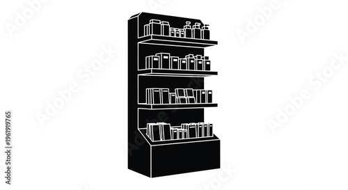 A black shelving unit filled with products shown as a silhouette