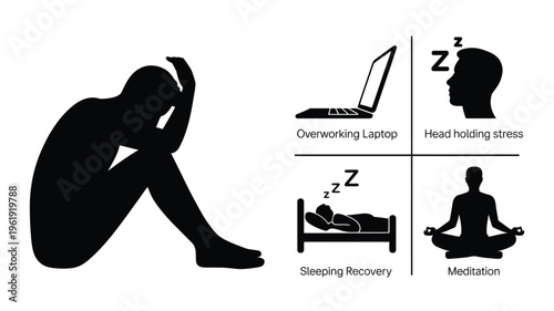 Stress, Overwork, Recovery, Meditation, Sleep icons showing exhausted person, laptop strain, head stress, sleeping rest, and relaxation practices