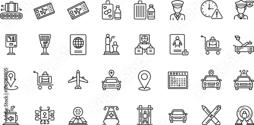 Airport travel and transportation security icon set with passport boarding taxi airplane baggage customs checkpoint and passenger service symbols collection