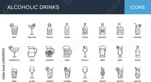 Alcoholic drinks outline icons set with cocktail wine beer whiskey tequila martini bar beverage menu vector line collection 🍸