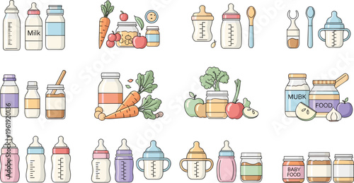 Baby feeding items and healthy food set with bottles, puree, vegetables and utensils, cute infant nutrition collection for parenting, childcare and vector illustration