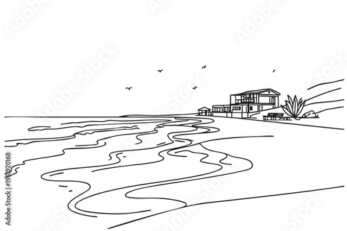 Beachfront Bungalow Home. Sketch, doodles. Holiday place. Summer house