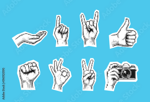 Vector set of retro halftone hands. Halftone collage elements. Torn paper. Trendy vintage collection of hands gesture signs. Modern set of collage with human palms. Paper cutout arms.