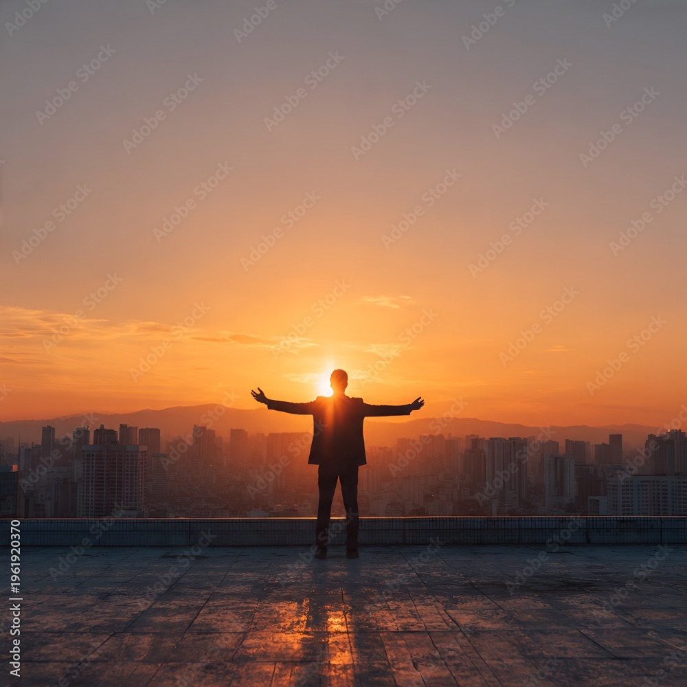 Fototapeta premium Successful businessman standing on rooftop at sunrise with arms raised celebrating achievement