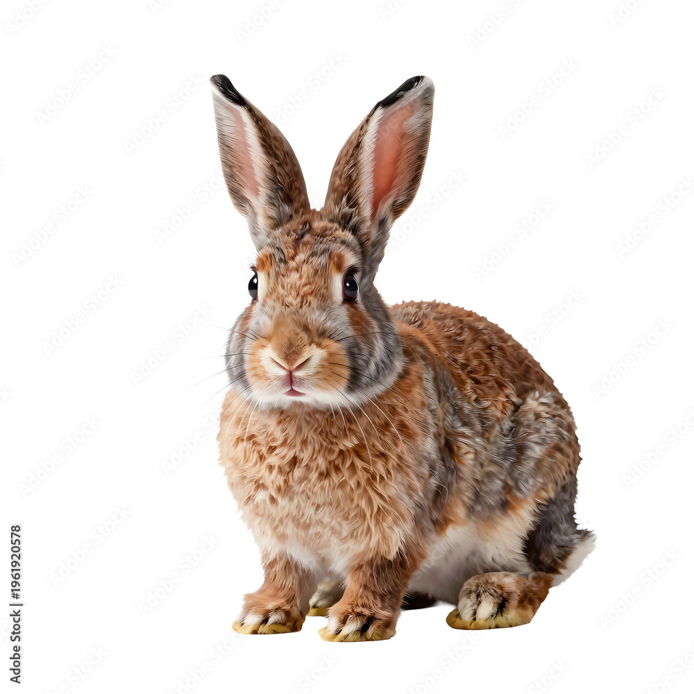 Obraz premium Fluffy brown bunny sits on white background looking at the camera